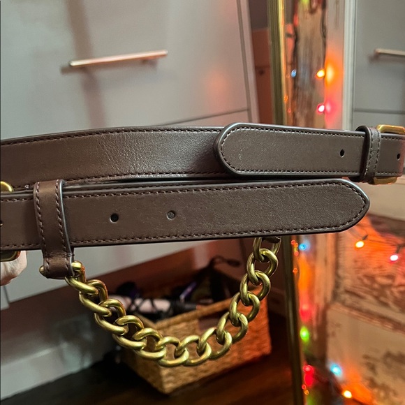 Lauren Ralph Lauren Dark Brown Leather Belt with Gold Chain